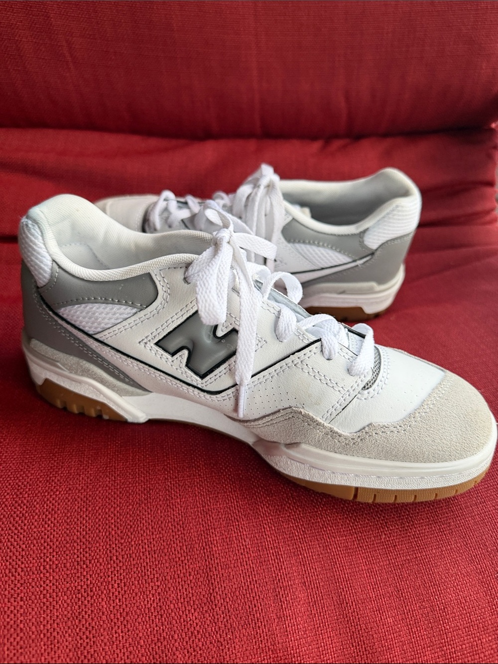 New Balance White, Gray and Gum Athletic Sneakers 7.5